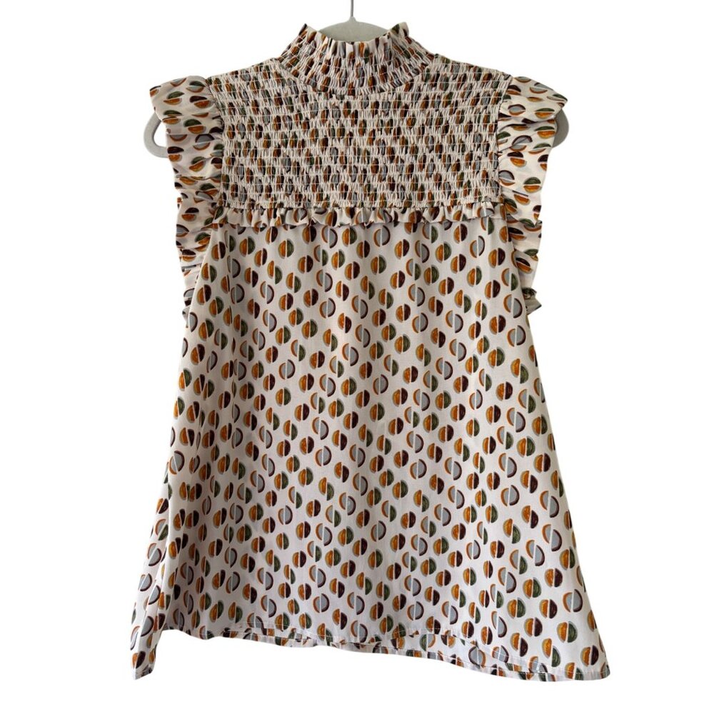 THML White Sleeveless Smocked Blouse with Multicolor Dot Print